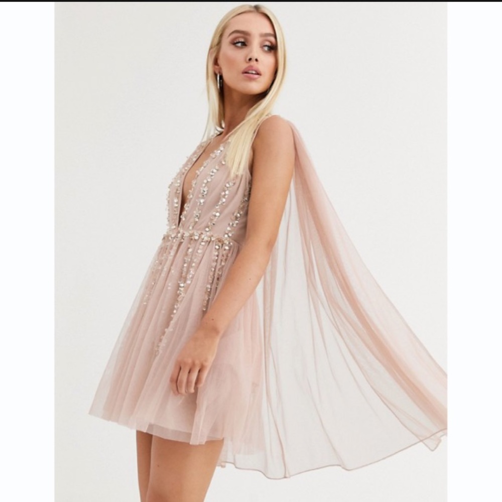 🌷ASOS🌷 Embellished Cape Plunge Tulle Mini Dress - Picture 4 of 16